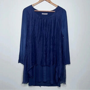 Baci Italy Navy Long Sleeve Silk Overlay Split Back Top